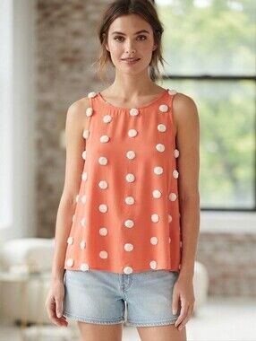 Blu Pepper Coral Tank Top with White Pom Dot Trim